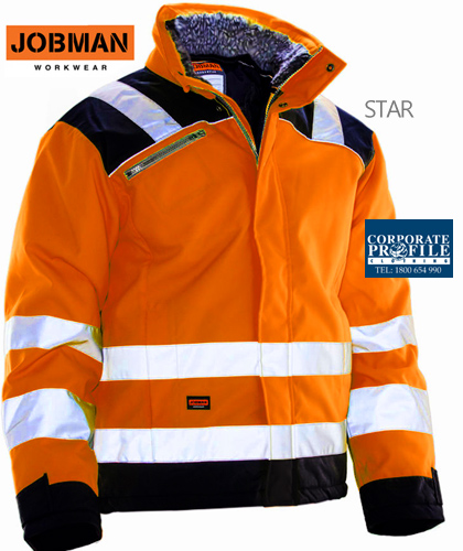 Jobman Advanced Winter Jacket Star #1346 With Logo Embroidery Service. Yellow-Black, Yellow-Navy, Orange-Navy. High Visibility EN471. Hardwearing STAR polyester, Windproof and Water repellant, Quilt Lining for flexibility, and comfort. Certified in Class 3 according to EN200471. The inside of the collar is lined with soft, fleece fur lining. Chest pocket with ID card pouch. Inside pockets have zipper and a phone pocket. Large front pockets. Comfort cuff and waist adjustable. Material is 100% STAR Polyester, 250g/m2. Reinforced with polyamide. 3M Scotchlite Reflective Material. High visibility class: 3 EN20471