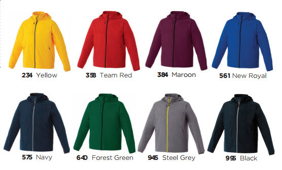 Product Colour Card for Elevate Flint Jacket #12604 and Ladies #92604 With Logo Service. Available in 8 Sport Industry colors, Yellow, Red, Steel Grey, Team Red, Forest Green, New Royal, Navy, Maroon and Black. Flint Jacket has technical know-how built right in with 100% Polyester 240T woven with a 600 mm water resistant coating. It also features a CF exposed #5 contrast reverse coil zipper, interior zipper flap with chin guard and diminishing reflective piping at back shoulder.