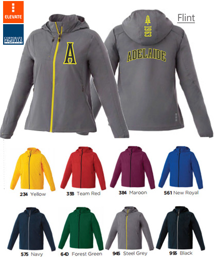 Elevate Flint Jacket #12604 and Ladies #92604 With Logo Service. Available in 8 Sport Industry colors, Yellow, Red, Steel Grey, Team Red, Forest Green, New Royal, Navy, Maroon and Black. Flint Jacket has technical know-how built right in with 100% Polyester 240T woven with a 600 mm water resistant coating. It also features a CF exposed #5 contrast reverse coil zipper, interior zipper flap with chin guard and diminishing reflective piping at back shoulder.