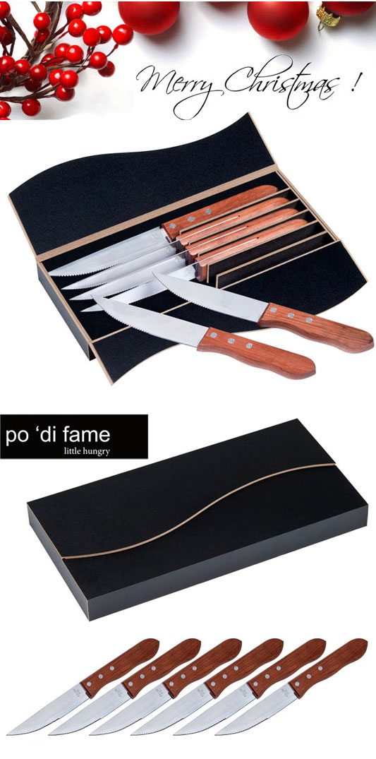 Steak Knives for Corporate Gifts. STEAK KNIFE 6 PCS SET #POSK With Thick Handle, 6-pcs stainless steel steak knife set, 5 serrated knives  1.5mm thickness, 5 rosewood finish handles, Displayed in a moulded bespoke black MDF box, Supplied in a black gift box, Dimensions: Box 27cm L x 14.5cm W x 4cm D, Decoration area: Size on request, Freight Details: 20 per carton, 18.5kg, 33.5cm L x 31cm W x 47.5cm H For all the details please call Renee Kinnear on FreeCall 1800 654 990
