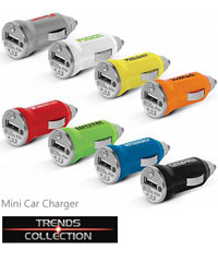 Phone Car Charger Mini #107639 With Logo Service, Silver, White, Yellow, Orange, Red, Green, Blue, Black. Compact 700mAh car charger with an LED that lights up when in use. Logo Size 20mm x 15 mm. For all the details please call Renee Kinnear or Shelley Morris on FreeCall 1800 654 990