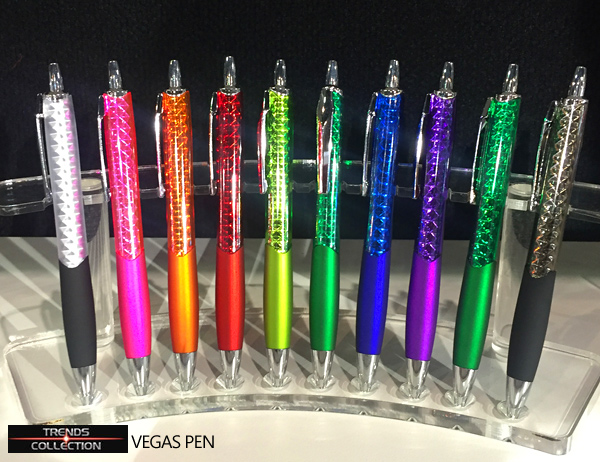 Vegas Pen #108748 With Print Service, features a translucent outer barrel combined with a patterned silver inner barrel which creates a unique light refracting geometric effect. Has a TRENDS Black ink refill with 1200 metres of German manufactured DOKUMENTAL ink and a tungsten carbide ball for improved writing quality.9 Colours. To inspect a Sample please call Renee Kinnear or Shelley Morris on FreeCall 1800 654 990.