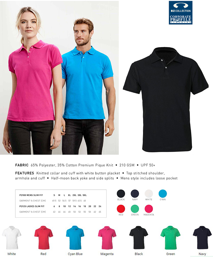 Premium pique knit. Comfortable, with a slightly slimmer styling in Mens and Womens. Cocktail shirts have a similar appearance to popular department store brands. Black, Navy, White, Red, Cyan, Green, Magenta. Corporate Profile Clothing FreeCall 1800 654 990