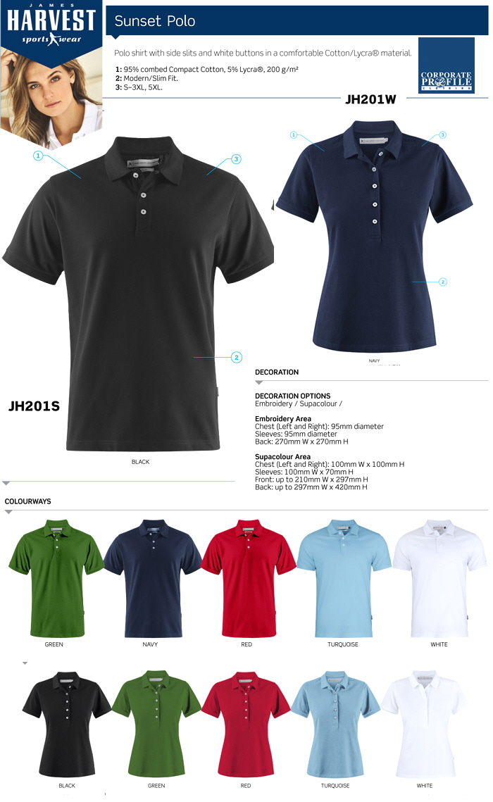 Legendary Harvest Sportswear Polo with White button and comfortable Cotton/Lycra material. Available in Black, Navy, Turquoise, Sports Green, Whire, Red. For details Corporate Profile Clothing FreeCall 1800 654 990