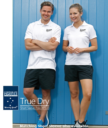 True Dry Short Sleeve Polo Shirt #PS33 With Logo Service. High performance polo shirts has a great fit and appearance for Work Uniforms and Teamwear.The fabric is really great to wear. True Dry material is a combination with 60% Cotton on the inside of the shirt which is comfortable against your skin and provides some body insulation in cold weather to keep you warmer. The #PS33 True Dry Long Sleeve Polo is available Mens and Womens, Black, Navy, White, Steel grey and Beige (pictured). To inspect a Sample please call Renee Kinnear or Shelley Morris on FreeCall 1800 654 990.