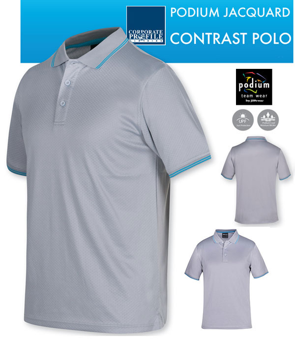 Podium Jacquard Contrast Polo #7JCP with Logo Service. Modern new style for Business and Sport Industry with lightly textured fabric. Nine colour combinations. Top class fabric is 160gsm jacquard knit with moisture wicking breathability, UPF Compliant Sun Protection. Tremendous colours include light grey, charcoal, navy, white, aqua, black, gunmetal with contrast trims. Corporate Sales please call Renee Kinnear on FreeCall 1800 654 990