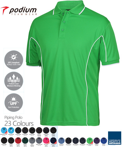 Podium Piping Polo #7PIP Mens With Logo Printing Service. The Best in Basics polo shirt for durable Work Shirt performance, Sport Club and School wear. Fantastic quality Podium Cool moisture wicking fabric helps to keep you cool and dry in hot and humid weather. Complies with Australian Standard AS/NZS 4399:1996 Quick Drying, 100% Polyester, No Ironing, 160 gsm.Womens #7LPI and School Kids #7PIPS. 20 Colours available. Extensive range of Sizes. Corporate Sales FreeCall 1800 654 990