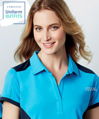 Biz Collection, Rival Polo Womens #P705LS With Logo Service, available in 12 team colours with bold contrast panels across the shoulders, sides, sleeve cuffs. Biz Cool breathable, lightweight 145gsm, meets Australian Standard UPF Ratings. Corporate Sales Call Free 1800 654 990