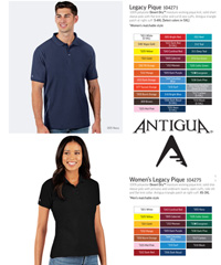 A premium range with 32 Corporate and Club Colours. Antigua is one of North America's largest Golf and Licensed Apparel brands. The Legacy Pique features Desert Dry moisture wicking pique knit with the Antigua triangle patch at right cuff. Sizes SM-4XL and selected colours 5XL. Corporate Profile Clothing, Australia, FreeCall 1800 654 990
