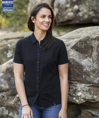 Unique ladies polo with a difference! Notice the fine jacquard front panels. 100 percent Cotton #2115001 available in Black and Navy. Ladies Polo has full button up front. Mens has button down collar with modern sleeve cut. Modern fit, S-3XL and 5XL, Ladies S-3XL FreeCall Leigh Gazzard 1800 654 990