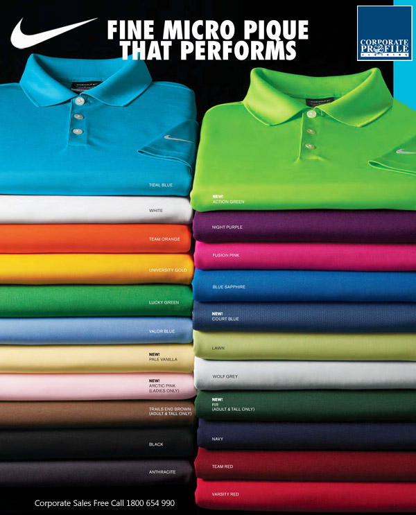 Nike Golf Corporate Polo Shirt Mens Dri Fit #363807 and Womens #354067 With Logo Embroidery Service. Have your company logo branded on Nike Golf polo Shirts by the experienced team at Corporate Profile Clothing. The Nike Golf Corporate Collection includes Polo Shirts, Half Zip Tops and Headwear all ready to co brand with your logo. Sales enquiry Free Call 1800 654 990