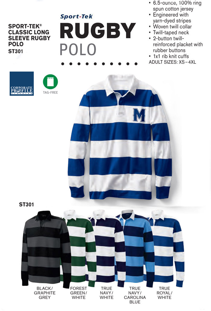 A long sleeve Rugby Polo #ST301 available Green/White, Navy/White, Navy/ Blue, Black/Graphite, Royal/White. Sizes XS-4XL. Woven twill collar, rubber buttons, twill taped neck. Corporate Profile Clothing FreeCall 1800 654 990