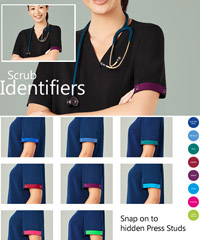 Identifiers are used with Premium Biz Care Scrubs. Available in 8 colours, Cherry Red, Electric Blue, Mid Blue, Teal, Grape, Cyan, Fuscha, Lime Green. The Identifiers snap on to the hidden press studs on the scrub sleeve. A small monogram is also possible on the identifier.Corporate Profile Clothing FreeCall 1800 654 990