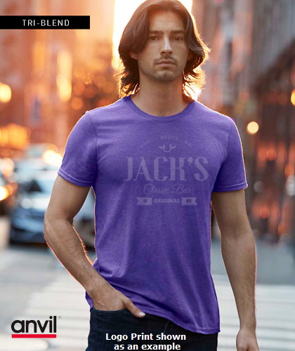 Inspect a Sample of Anvil Tri-Blend T-Shirt #6750 With Printing and Embroidery Service. Weight 159gsm. Fashion appearance designed to fit and wear with ease, Anvil is reflective of your modern lifestyle. Tri Blend is a Pre Shrunk 50% Polyester, 25% combed ring spun cotton, 25% rayon. Anvil Tees, Long Sleeves and Hoodies: Enquiries FreeCall 1800 654 990