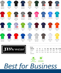Best in Business T-Shirts #1HT With Printing Service for Business and Clubs. The JB's Tee #1HT is available in 36 colours. The impressive 190 gsm jersey fabric is comfortable to wear, has a modern fit style, and is easy and inexpensive to coordinate for staff uniforms, workwear, advertising and teamwear. Just a few of the features include twin needle double stitched seams for long lasting value. The elastane rib neck keeps its shape for neater appearance which is great if worn for staff uniforms or outdoors workwear etc.  The JB's Tee 1HT complies with the Australian Standard for UPF Protection-AS/NZS 4399:1996. for Corporate Sales Enquiry Call Free 1800 654 990 Customers appreciate the comfort and durability of this very good t-shirt.