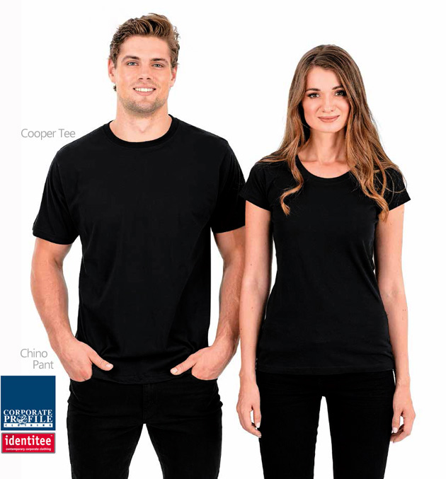 Modern fit, Wear To Work T Shirt #T09 and Womens #T11 With Logo Print Service. These tees are ideal for high usage employee wear and team up with Chino Pants for a trendy work outfit”. Notice the comfortable fit and contemporary appearance of these high quality tees and worn with Black Chino's. Tees can be printed or embroidered depending on your requirements. Corporate Sales Call Free 1800 654 990