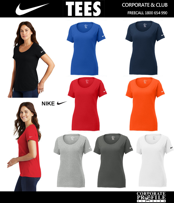 Nike Dri Fit tees Ladies with Scoop Neck. Colours, College Navy, Black, White, Brilliant Orange, Gym Red, Anthracite (Charcoal), Game Royal, University Red, Rush Blue. Adult Sizes XS-4XL. Ladies Scoop Neck #NKQB5234 . Corporate Profile Clothing, Free Call 1800 654 990