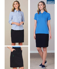 Look good and feel comfortable in latest Utility Skirt and Scrubs designs by Benchmark Health. Ladies #M9477  Colour-Navy. Side Elastic waist,  2 way Stretch fabric. Stretch waist. Easy care laundering. Logo embroidery service. Sizes 6-26. Corporate Profile Clothing FreeCall 1800 654 990