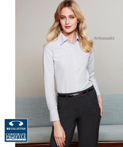 Ambassador Ladies Shirt #S29520 With Logo Service, available Silver, Green, Blue and White. Long Sleeve #S29520, 3/4 Sleeve #S29521 and Short Sleeve #29522. Easy care 75% Polyester, 25% Cotton. Yarn dyed stripe. Easy iron and shrink resistant. Australian UPF Raing is Excellent. Side panels for better fit with bust darts for added shape. 2 Button collar and 2 vertical buttons on cuff. Ladies 3/4 and Short Sleeve style features rounded cuff. Corporate Enquiries FreeCall 1800 654 990.