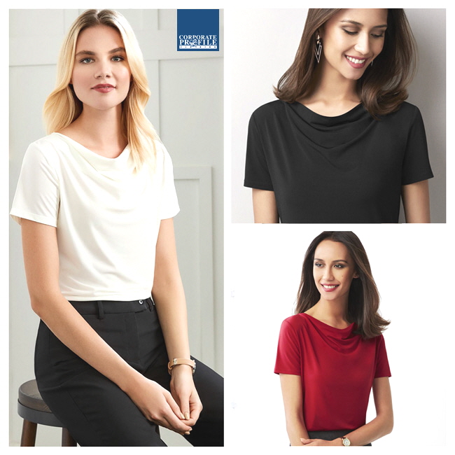 Ladies Corporate uniform tops in 8 Colours. Available in Black, Midnight Blue, Teal, Electric Blue, Red, Silver Mist, Ivory and Blush Pink. A gently draped neckline creates a professional, elegant appearance. Can be worn tucked in or out. Sizes for everyone 6-26. Corporate Profile Clothing FreeCall 1800 654 990
