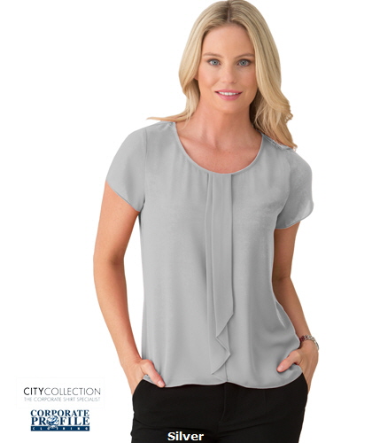 Inspect a Sample of the Silver Cascade #2285 Ladies Ideal Uniform Tops for Hospitality, Office, Beauty, Admin, Heathcare. Notice the smart cascading pleat and the soft round neckline. The Cascade is a clever combination of a knit and woven fabric that is the ultimate in comfort and fit. The soft inner stretch knit is silky against the body and the lightweight woven outer gently drapes the body. Enquiries, Renee Kinnear or Shelley Morris on FreeCall 1800 654 990.