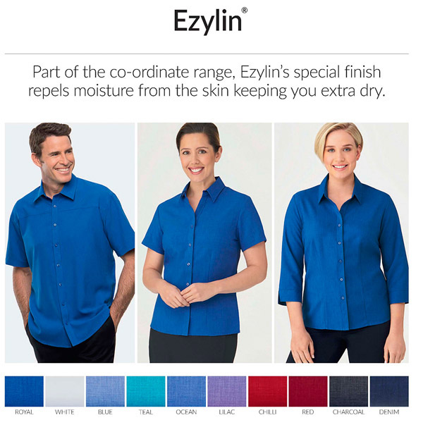 Ezylin Ladies healthcare uniform tops are available in 10 colours, Royal, White, Blue, Teal, Ocean Blue, Lilac, Chilli Red, (Dark) Red, Charcoal and Denim. The fabric is Breathable, Quick Drying, Lightweight and Easy care laundering. Ladies are available Short Sleeve #2146 and 3/4 sleeve #2145. Matching Mens Short Sleeve in 4 colours, Short Sleeve. FreeCall 1800 654 990