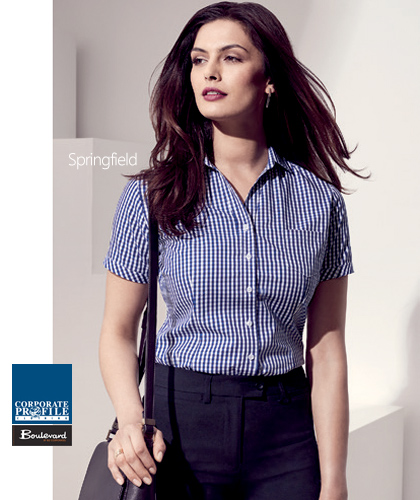Springfield Check Shirt #43412 Short Sleeve (French Navy) Ladies Corporate Shirt With Logo Service. Available in 3 colour combinations, French Navy, Cardinal, Purple Reign. 100% Cotton, Ladies is semi fitted open neck 'y' front with yarn dyed check. Mens executive-fit shirt with yarn dyed check... Size 4 to 26 to fit everyone in your business or organisation. Try It On!, For all the details and to request a Sample for Inspection please call Renee Kinnear or Shelley Morris on FreeCall 1800 654 990.