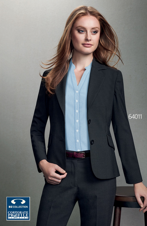 Biz For Business Clothing, Ladies Short-Mid Length Jacket #64011 With Logo Service. Colours Navy, Black, Charcoal. Sizes 4 - 26. Featured with #14011 Relaxed Fit Pant and Bordeaux Shirt #40114. Great Brands. Great Prices. Corporate Profile Clothing FreeCall 1800 654 990