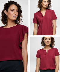 Pepper Red Womens Shirts and Blouse range for Business, Healthcare and Company Uniforms. Other Colours include Black, Navy, Charcoal, Vanilla. Designs include Flowing Sleeves, Keyhole Neck Top, Wide Neck Band, Bell Sleeve, Asymmetric, Back Drape. Round Neckline, Three Quarter, Long, Short and Sleeveless Tops. Breathable, Comfortable. Corporate Profile Clothing FreeCall 1800 654 990