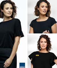 Perfectly priced collection of stylish Black Tops and Shirts for Australian Business and Corporate Wear. The styles include Amity with flutter sleeves, Harmony with Round Neckline, Echo with flowing sleeves, Aries with Off Centre Neckline. Free Call 1800 654 990