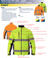 Bisley Hi Vis Soft Shell Workwear Jacket #BJ6059T With Logo Service. Reflective tape ‘Hoop’ pattern around body, Water resistant fabric with breathable membrane, Bonded internal fleece, Zippered pockets with waterproof zipper, Draw cord waist grips close to the body, Reflective piping along front chest and back, Eyelet ventilation under sleeves. FreeCall 1800 654 990