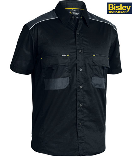 Black Work Shirt #1133 Bisley Work Shirt With Logo Service. Available XS-6XL in Black, Khaki and Charcoal. Mechanical Stretch fabric for extra comfort. Reflective cord piping across the front shoulders and across the back. Anti static carbon yarn in polyester patches for added static control.100% Cotton Twill Mechanical Stretch, two mitred pen pockets and pen division, hidden phone pouch on left chest pocket. Corporate Sales FreeCall 1800 654 990
