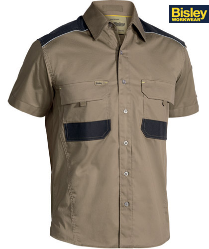 Khaki Work Shirt #1133 Bisley Work Shirt With Logo Service. Available XS-6XL in Black, Khaki and Charcoal. Mechanical Stretch fabric for extra comfort. Reflective cord piping across the front shoulders and across the back. Anti static carbon yarn in polyester patches for added static control.100% Cotton Twill Mechanical Stretch, two mitred pen pockets and pen division, hidden phone pouch on left chest pocket. Corporate Sales FreeCall 1800 654 990