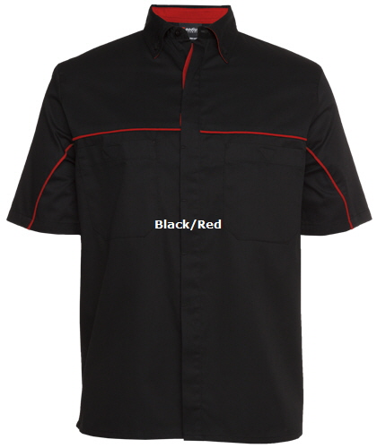 Team Crew Shirt #4MSI (Black-Red) With Concealed Buttons, 2 Chest Pocket and Logo Service. Perfect for Work Shop Mechanics, Sponsored Teams, Auto Industry, Call Free 1800 654 990