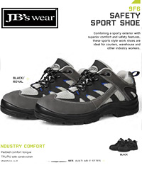 Safety Sport Shoe #9FS For Industry Workers. Combines a sporty appearance with superior comfort and safety features these shoes are ideal for couriers, warehouse and other industry workers. Padded comfort tongue, TPU/PU Sole construction, Webbing pull, Removable PU insock, Shock absorption PU mid sole, Ladder lugs at mid sole, Toe and heel grip zone, Broad fit steel toe cap with abrasion toe cover, Corporate Sales FreeCall 1800 654 990.