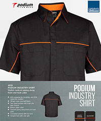 Industry work shirts Black-Red, Black-Orange, Black-Charcoal with logo service. #4MSI, 145 gsm easy care poly cotton for comfort and long life performance. Size XS-5XL. Two pockets, button down collar. Corporate Profile Clothing FreeCall 1800 654 990